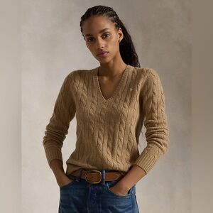 Polo Ralph Lauren Wool Cashmere V-Neck Cable Knit Sweater Tan Size XS Preppy